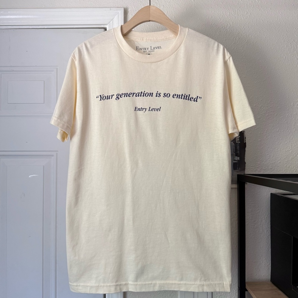 ENTRY‎ LEVEL cream ivory text font crew neck knit short sleeve tee t-shirt
